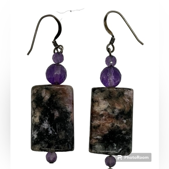 Charoite Stone and Amethyst Bead Earrings, 925 Sliver - Picture 1 of 1